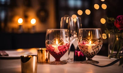 Fototapeten Valentine's day, romantic dinner with two glasses of wine, candles and hearts © TheoTheWizard