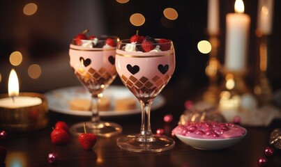 Two glasses with chocolate desert and candies on table. Bokeh lights. Burning candles on table. Romantic date