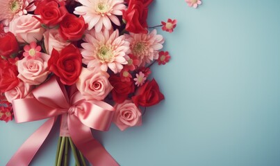 Bouquet of flowers with ribbon on blue background with copy space. Top view. Gerberas and roses. Copy space. 