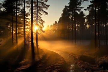 Beautiful Sunset Sunrise Sun Sunshine In Sunny Spring Coniferous Forest. Sunlight Sunbeams Through Woods In Forest Landscape.