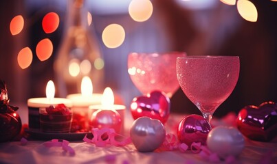 Valentine's day background with two glasses of wine, candles and hearts