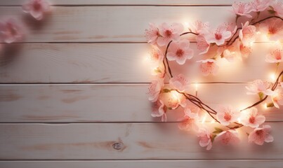 Valentine's day background with pink peach blossoms heart shaped light bulbs