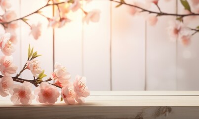 Wooden table with pink peach blossom flowers over blurred background.