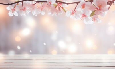 Wooden table with pink peach blossom flowers over blurred background. - obrazy, fototapety, plakaty