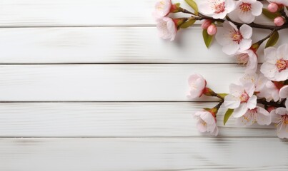 Fototapeta na wymiar peach blossom on wooden background with copy space for your text