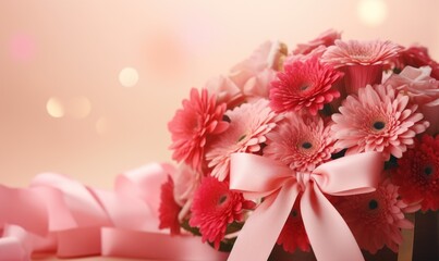 Bouquet of pink flowers with ribbons on a light background