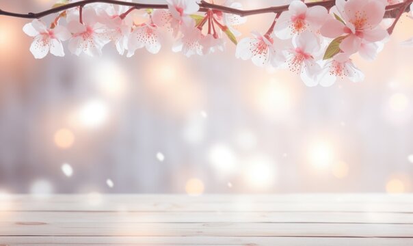 Wooden table with pink peach blossom flowers over blurred background.