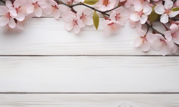 peach blossom on wooden background with copy space for your text
