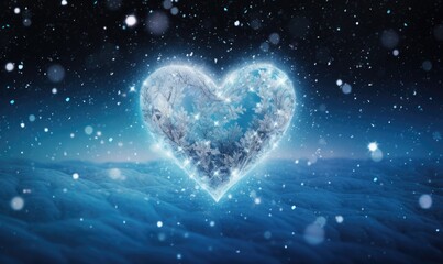 Heart shaped object against snowy landscape with fir trees in the forest at night
