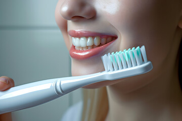 Fototapeta na wymiar woman brushing teeth, toothbrush with toothpaste, white teeth