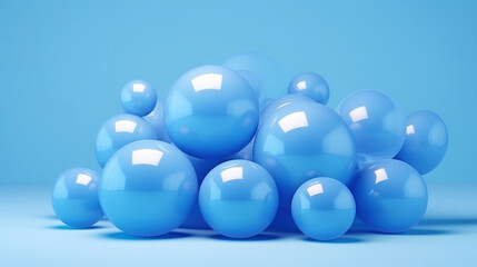 3D blue spheres of different sizes and transparency. Pastel colour pallet. Abstractive background. Generative AI