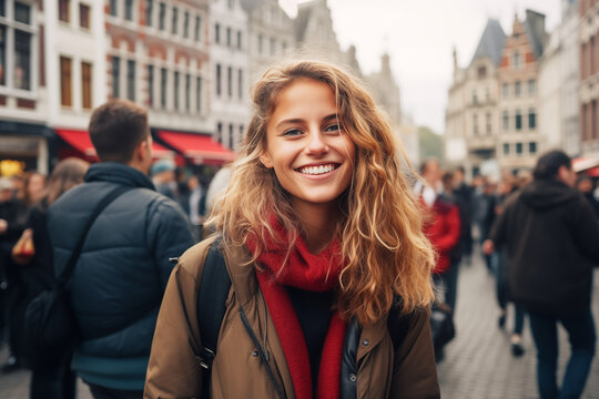 Portrait of a Beautiful Young Belgian Model Woman for a Tourism Campaign Advertisement