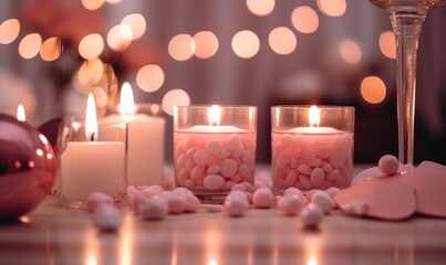 Burning candles in room decorated for Valentine's Day, closeup