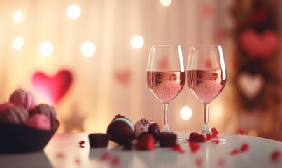 Two glasses of rose wine and two heart-shaped chocolate candies