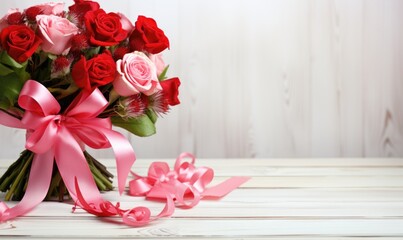 Bouquet of flowers with pink bow on white wooden table.