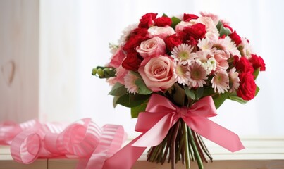 Bouquet of red and pink flowers with ribbon on the shelf