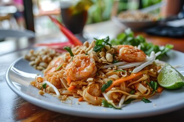 Tantalizing Taste of Thailand: Pad Thai, the Beloved Thai Street Food, Beckons with Stir-Fried Noodles, Succulent Shrimp, Tofu, and a Medley of Authentic Flavors Dancing on Your Palate