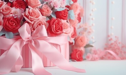 Roses and ribbons on wooden table, valentines day background