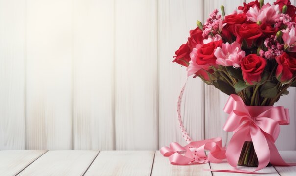 Bouquet of flowers with pink bow on white wooden table.