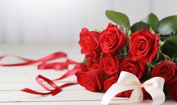 Bouquet of red roses on white wooden background with copy space