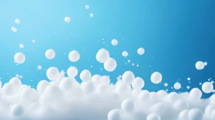 Foto op Plexiglas Detergent foam bubble on blue background. Soap, shower gel, shampoo foam texture. Copy space. Generative AI © AngrySun