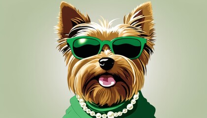 Naklejka premium A small dog wearing a green pearl necklace and sunglasses