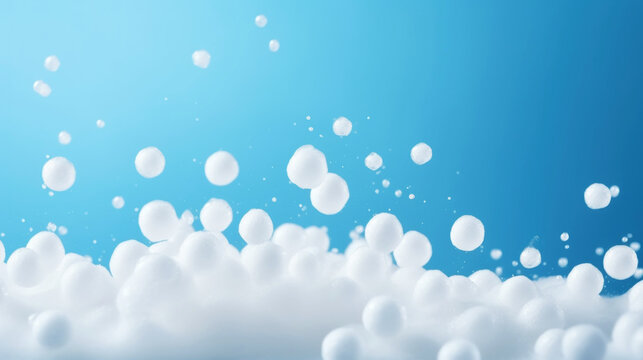 Detergent foam bubble on blue background. Soap, shower gel, shampoo foam texture. Copy space. Generative AI