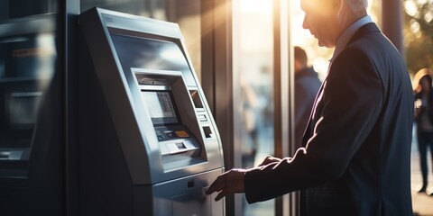 Professional man using ATM for financial transactions. Banking and technology.