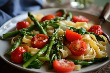 Celebrating Spring's Bounty: Pasta Primavera with Asparagus and Cherry Tomatoes, a Mediterranean Delight Featuring a Colorful Array of Fresh Vegetables, Linguine, and Artistic Flair on Every Plate - obrazy, fototapety, plakaty