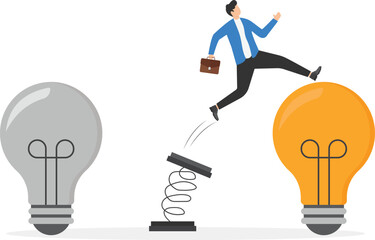 Business transformation, change management or transition to better innovative company, improvement and adaptation to new normal concepts, smart business man jump from old to new shiny lightbulb ideas. - obrazy, fototapety, plakaty