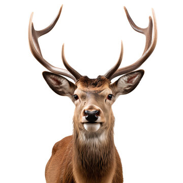 Portrait of a deer face shot, head with horns isolated on transparent background