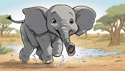 A cute elephant cartoon running through a desert