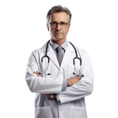 Fototapeta premium Portrait of a mature doctor wearing lab coat and stethoscope, isolated on transparent background