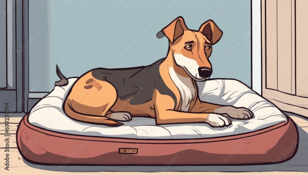 Poster A dog laying on a bed