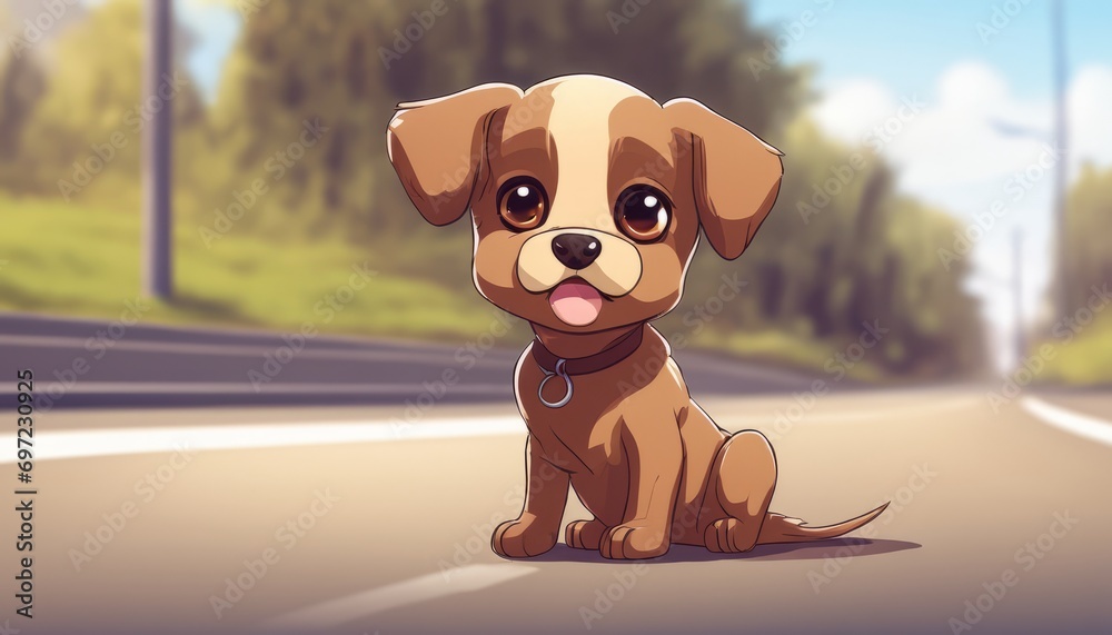 Poster A cute cartoon dog sitting on the road