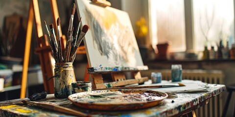 Fototapeta na wymiar Creative Haven: A Stunning Photograph Showcasing Artistic Tools, Paintbrushes, and a Vibrant Palette, Offering a Glimpse into an Artist's Workspace, Inspiring Creativity and the Beauty of Visual Arts.