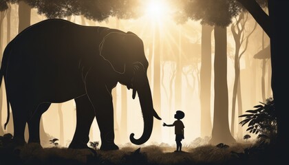 A boy standing in front of an elephant