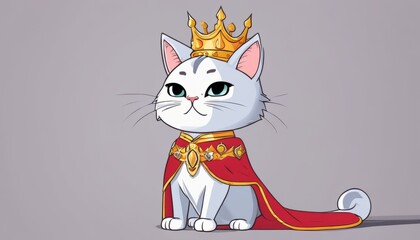 A white cat wearing a crown and cape