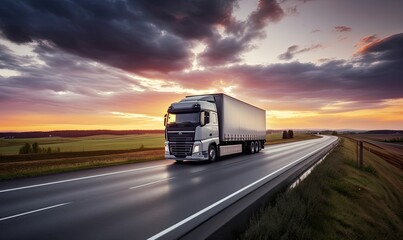 Fototapeta na wymiar A Majestic Semi Truck on a Scenic Highway at Dusk