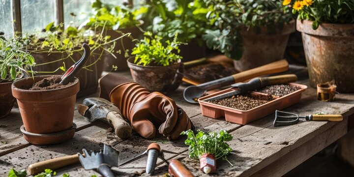 Hands in the Earth: A Stunning Image of Gardening Supplies, Showcasing Gloves, Trowel, and Seeds, a Testament to the Joyous Pursuit of Nurturing Nature's Verdant Beauty.