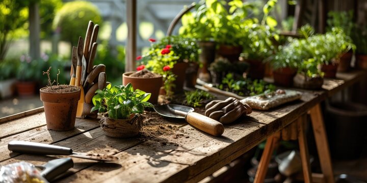 Hands in the Earth: A Stunning Image of Gardening Supplies, Showcasing Gloves, Trowel, and Seeds, a Testament to the Joyous Pursuit of Nurturing Nature's Verdant Beauty.