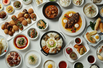 International Cuisine a white table filled with dishes from various cultures, and culinary...