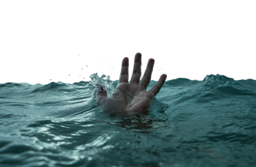 hand reaching out of the ocean in seek of help. Drowning in despair concept. Troubled ocean. Plea for help. Grasping for air - Transparent background pen tool flawless cutout