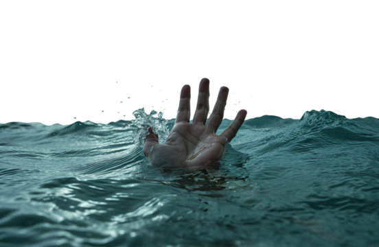 hand reaching out of the ocean in seek of help. Drowning in despair concept. Troubled ocean. Plea for help. Grasping for air - Transparent background pen tool flawless cutout