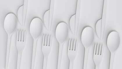 Set of disposable utensils like spoon, fork and knife on monochrome background.