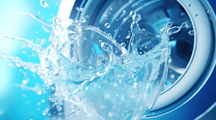 Washing machine drum with water, closeup. Water splash with neon light. Generative AI - obrazy, fototapety, plakaty