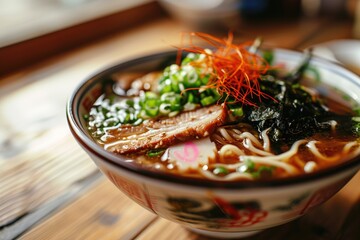Nourishing Comfort: Dive into the Heartwarming Elegance of a Ramen Bowl, a Japanese Culinary Masterpiece Featuring Rich Broth, Silky Noodles, and an Artful Array of Gourmet Toppings - obrazy, fototapety, plakaty