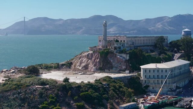 Aerial view of Alcatraz island in the San Francisco Bay. Close up view of the classical prison of Alcatraz, USA. 