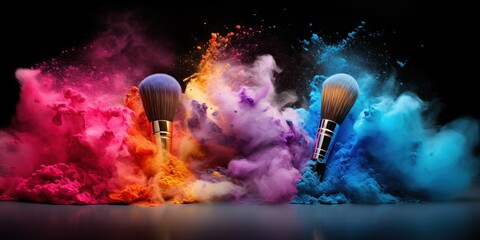 Makeup brushes with explosion of colorful powder on black background. Creative cosmetics and beauty. - obrazy, fototapety, plakaty