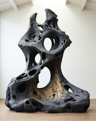 a large sculpture with an abstract design made of black clay created with Generative Ai